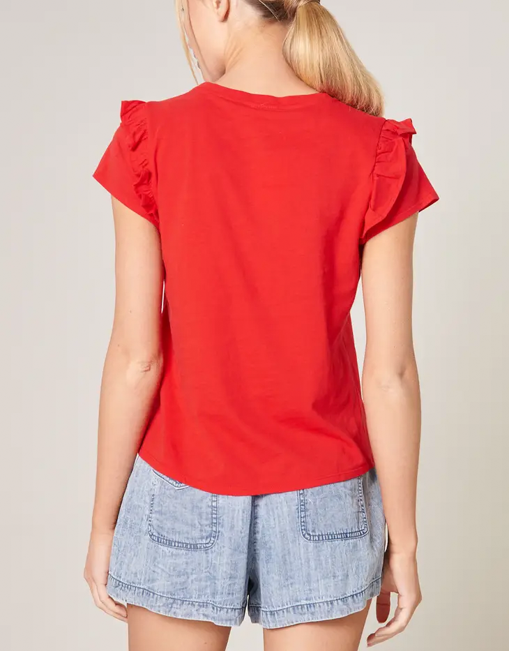 Sugar Lips Ruffle Shoulder Cotton Knit T-Shirt Top, Red