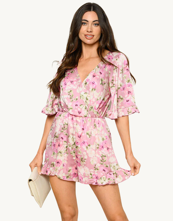 Surplice Neckline Ruffle Floral Romper 3/4 Sleeve, Pink