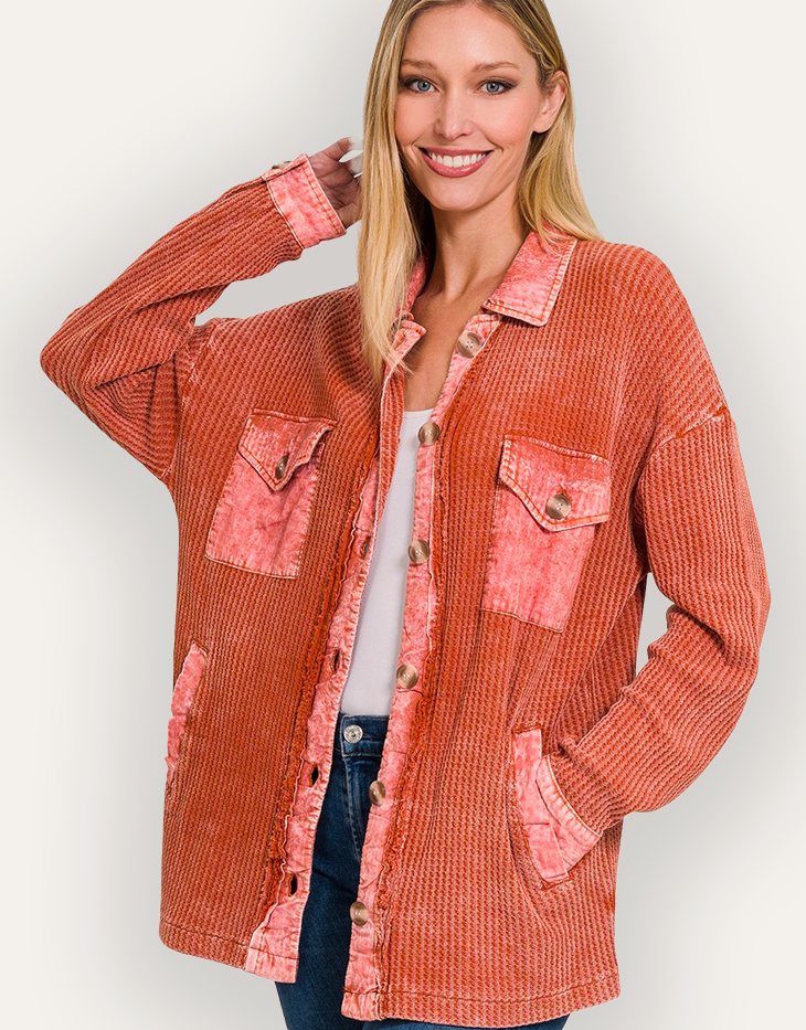 Zenana Oversized Cotton Waffle Acid Wash Shacket