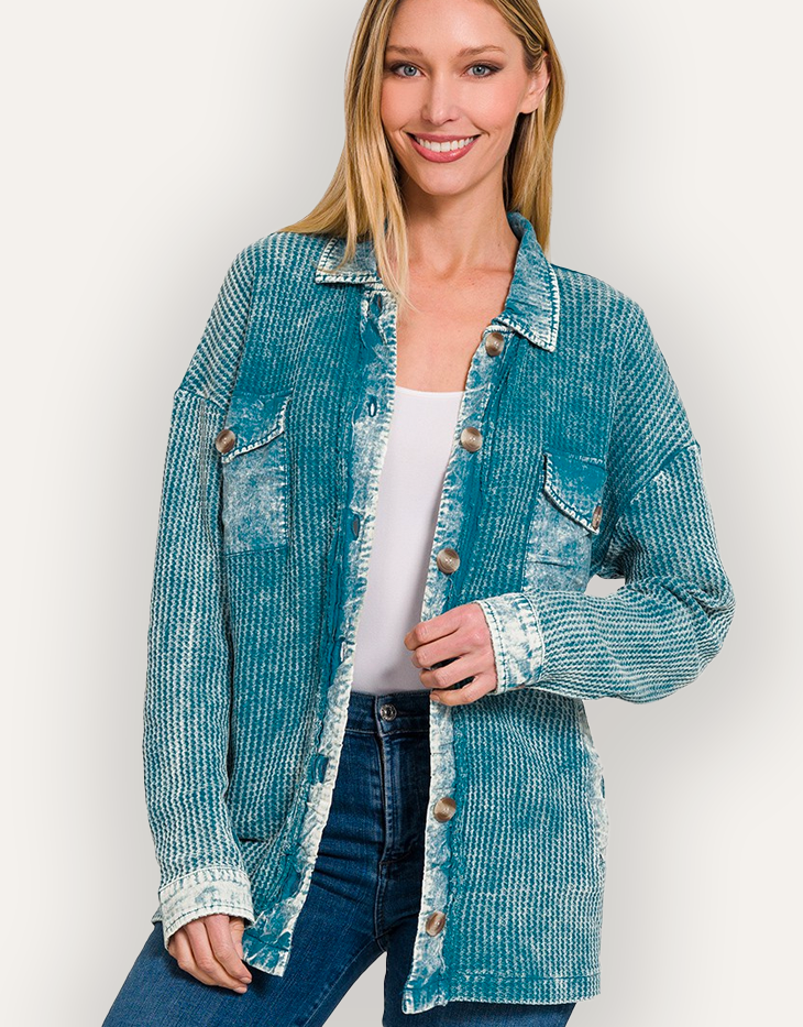 Zenana Oversized Cotton Waffle Acid Wash Shacket