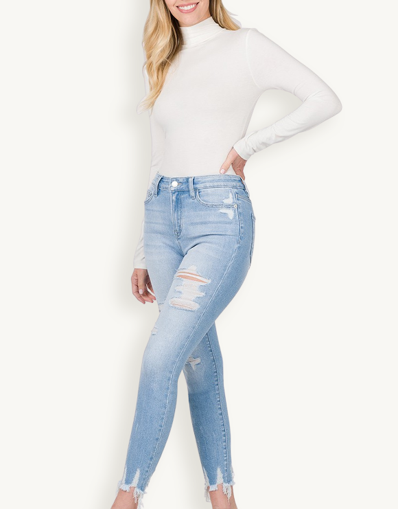 ZENANA High Rise Distressed Cropped Skinny Jeans, Light Wash