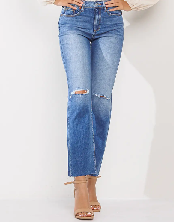 SNEAK PEEK High Rise Slim Straight Jeans with Distressed Knees and Fray Hem, Medium Light Wash