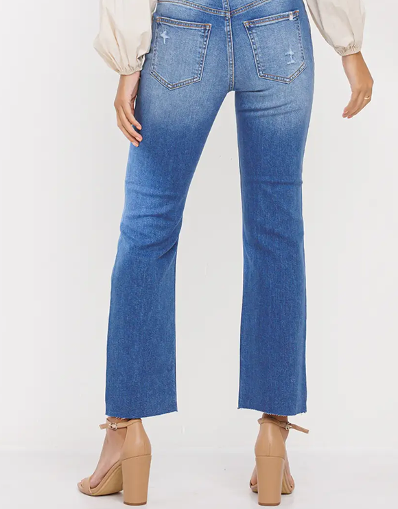 SNEAK PEEK High Rise Slim Straight Jeans with Distressed Knees and Fray Hem, Medium Light Wash