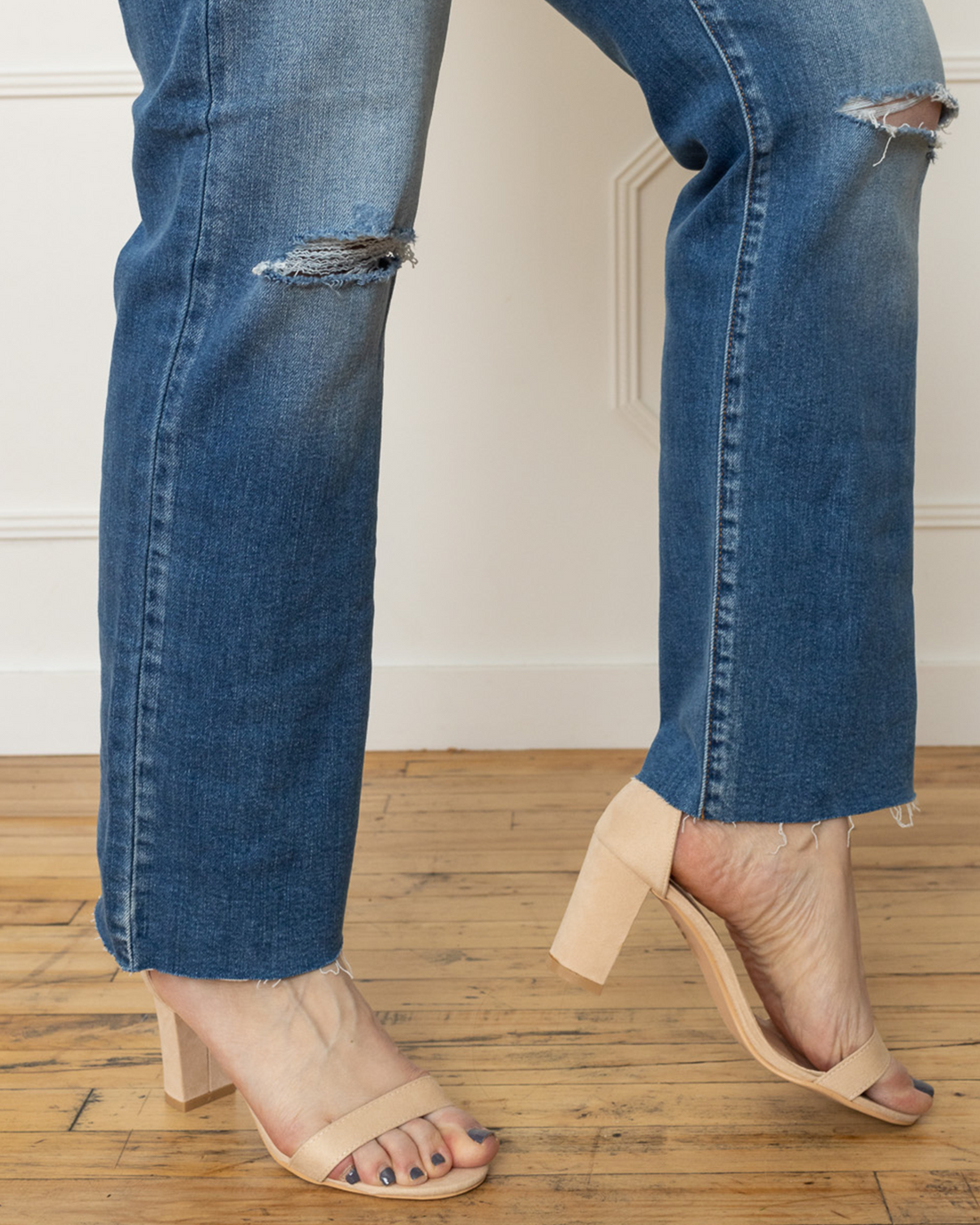 SNEAK PEEK High Rise Slim Straight Jeans with Distressed Knees and Fray Hem, Medium Light Wash