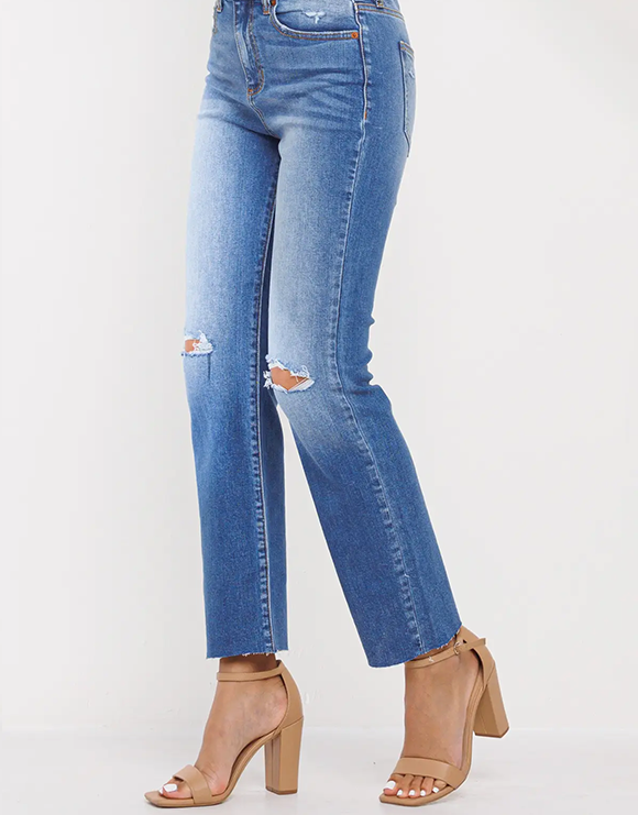 SNEAK PEEK High Rise Slim Straight Jeans with Distressed Knees and Fray Hem, Medium Light Wash