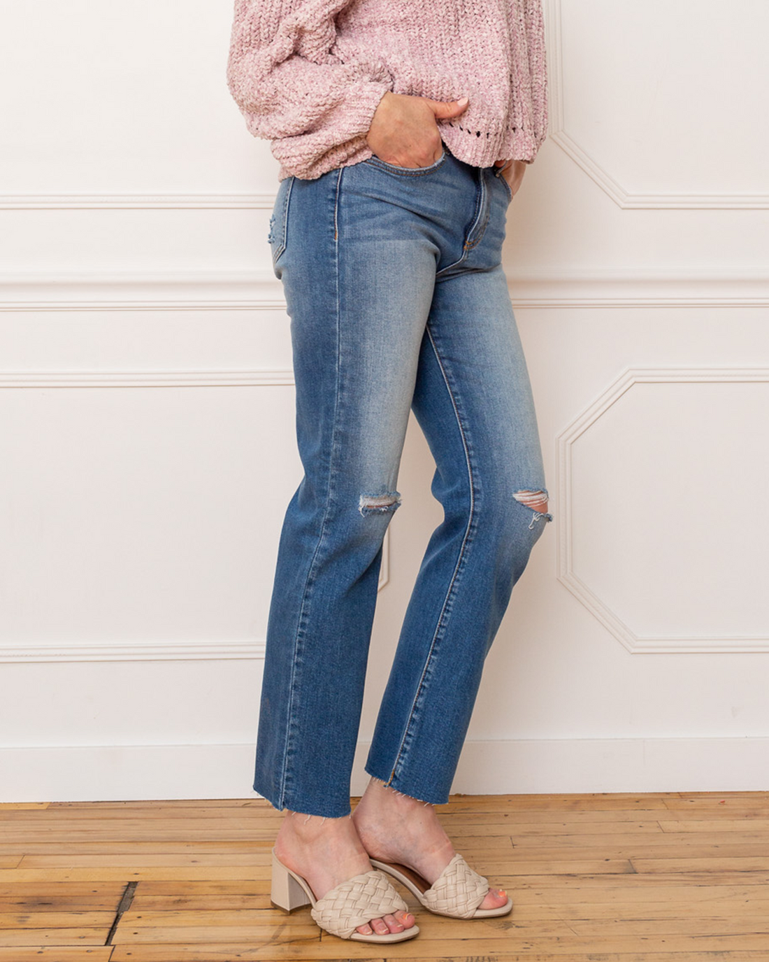 SNEAK PEEK High Rise Slim Straight Jeans with Distressed Knees and Fray Hem, Medium Light Wash