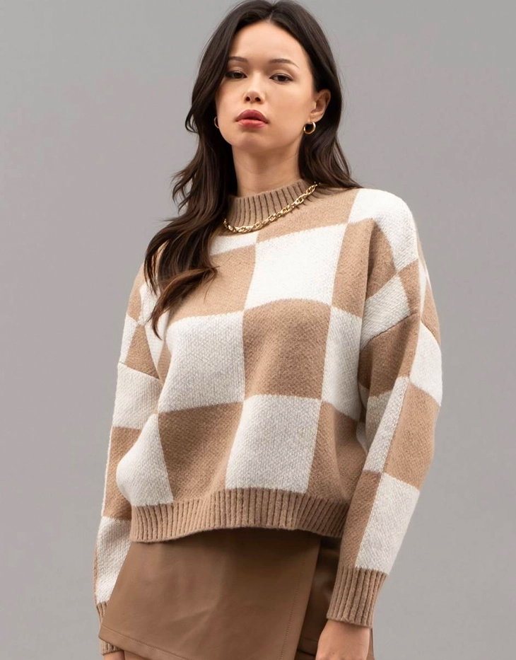 Blu Pepper Checkered Crew Neck Knit Sweater, Ivory/Tan