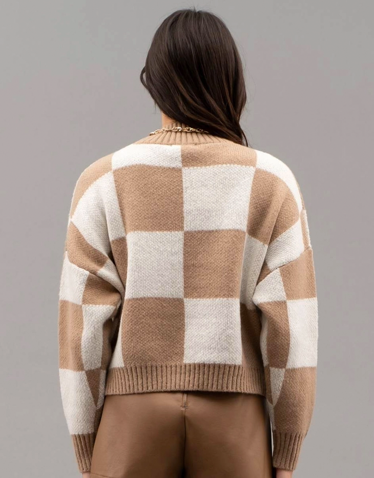 Blu Pepper Checkered Crew Neck Knit Sweater, Ivory/Tan