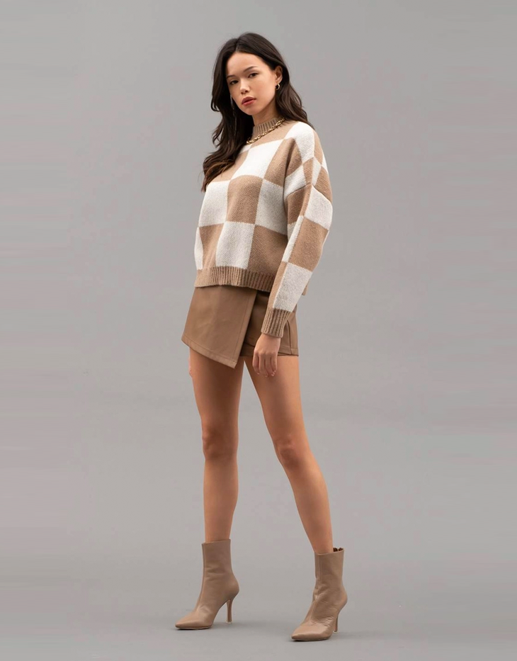 Blu Pepper Checkered Crew Neck Knit Sweater, Ivory/Tan