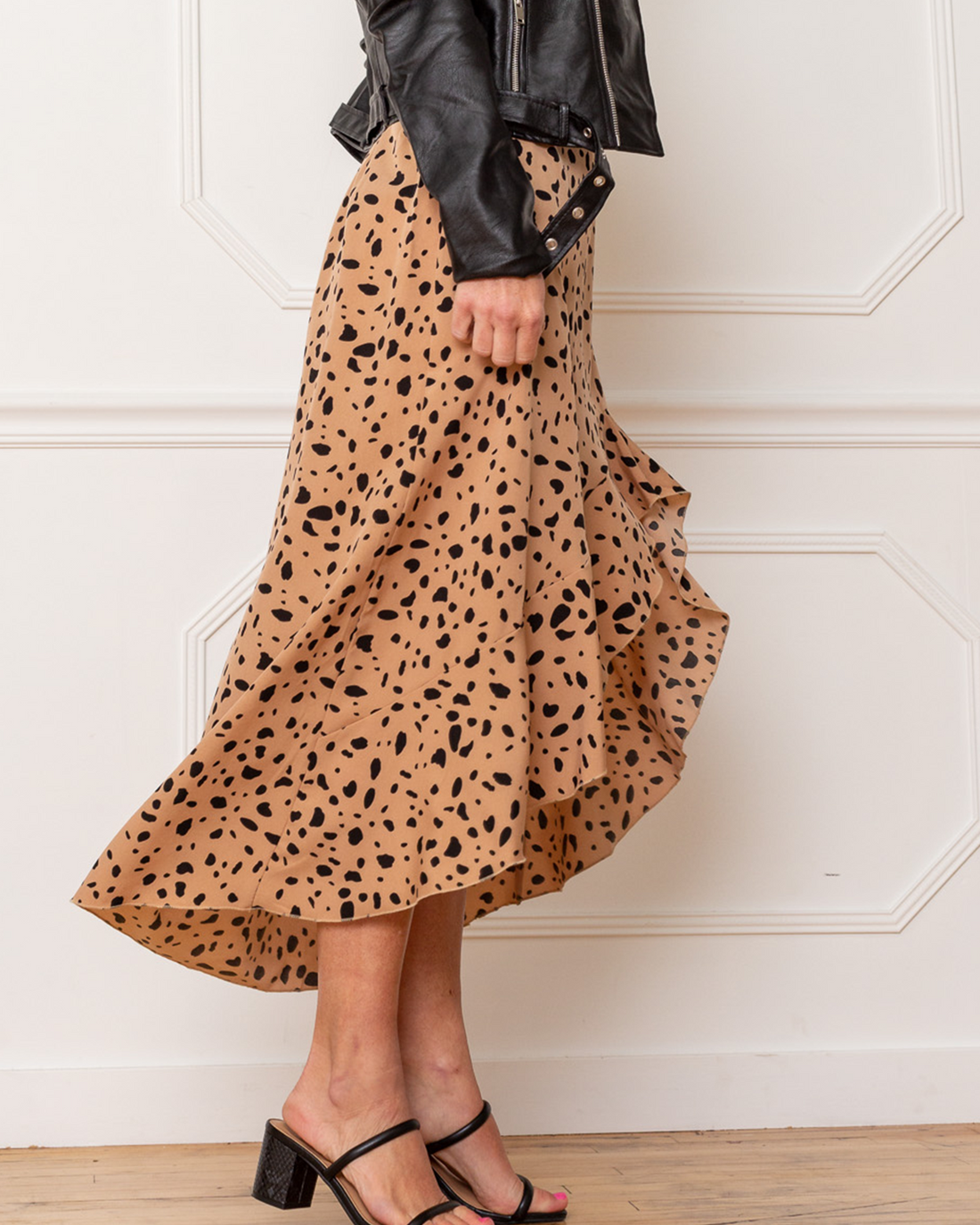 Dalmatian Print Ruffled Midi Skirt, Tan/Black