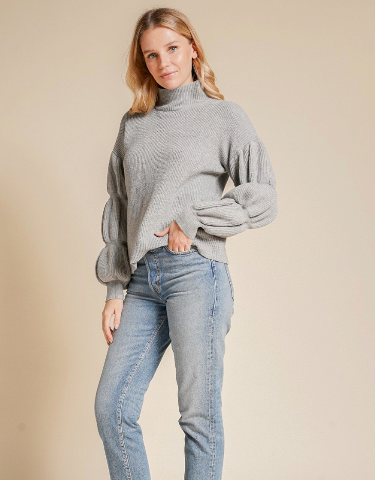 Mock Neck Tube Sleeve Pullover Sweater, Heather Grey