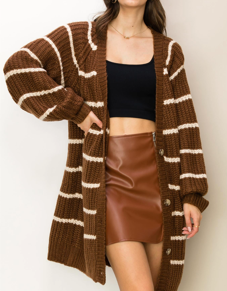 Hyfve Oversized Striped Sweater Cardigan, Brown/Cream