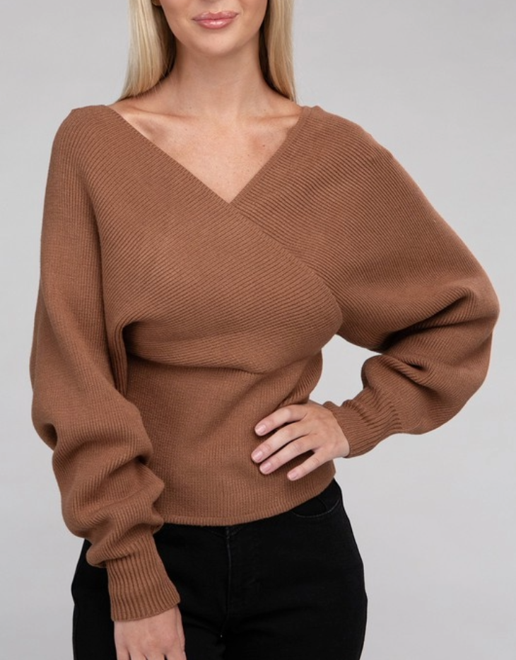 Zenana Viscose Cross Wrap Pullover Sweater