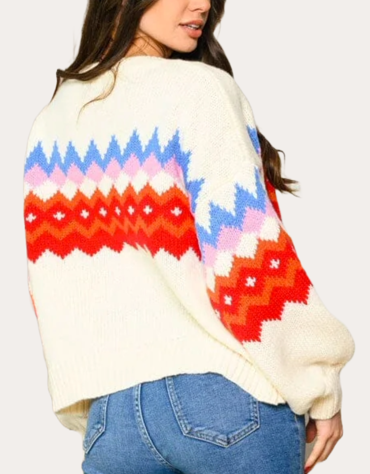 Long Sleeve Fair Isle Sweater, Cream/Red