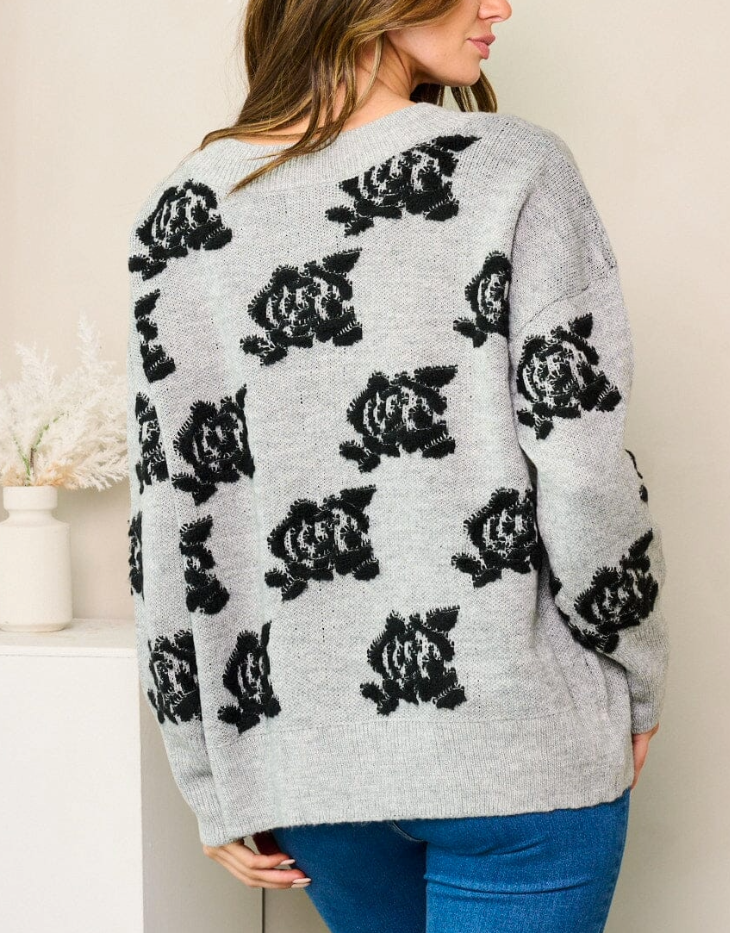 Long Sleeve Rose Floral Print Sweater, Grey/Black