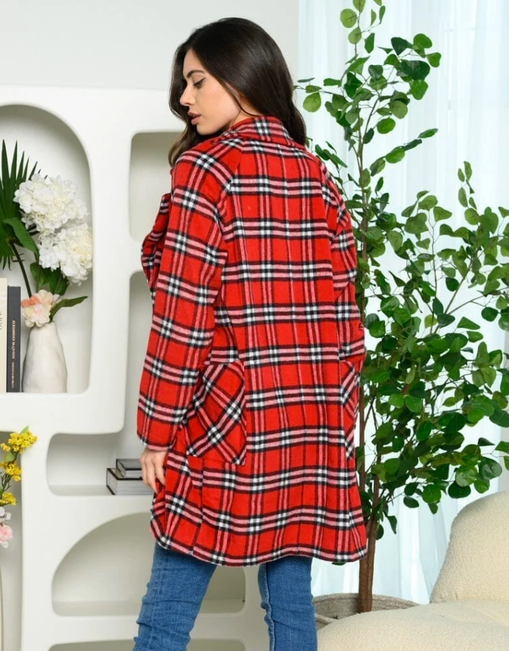 Long Sleeve Plaid Coat Jacket, Red