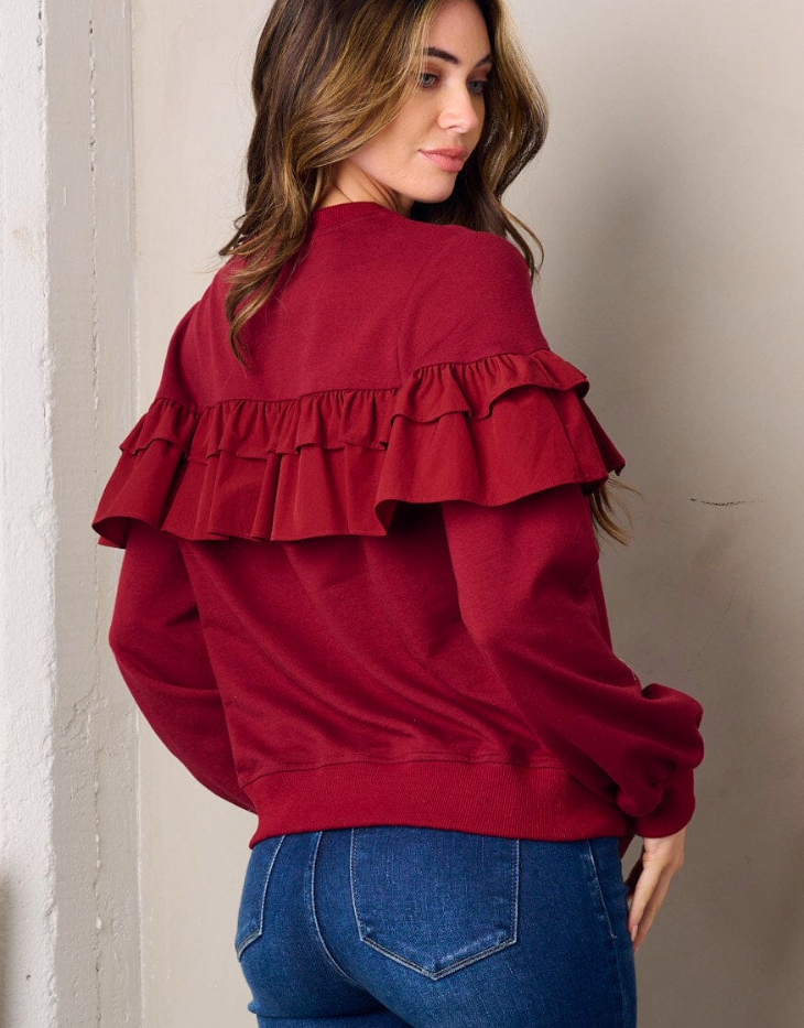 Long Sleeve Ruffle Sweatshirt, Cranberry Red