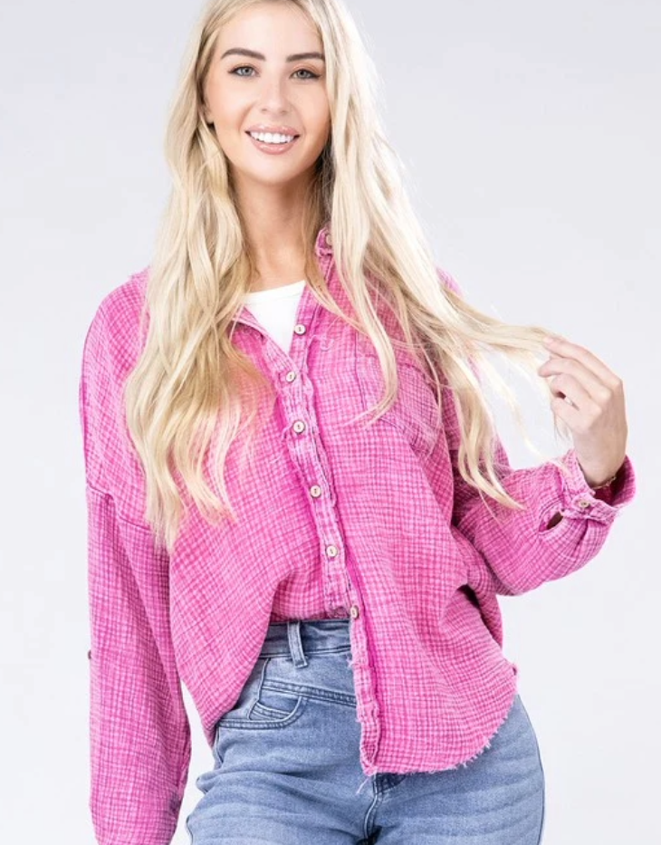 Zenana Washed Double Gauze Button Down Shirt