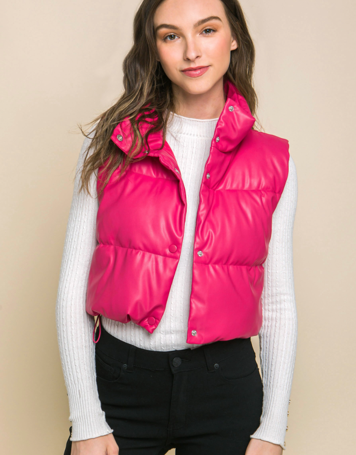 Love Tree Cropped Faux Leather Puffer Vest with Snap Buttons