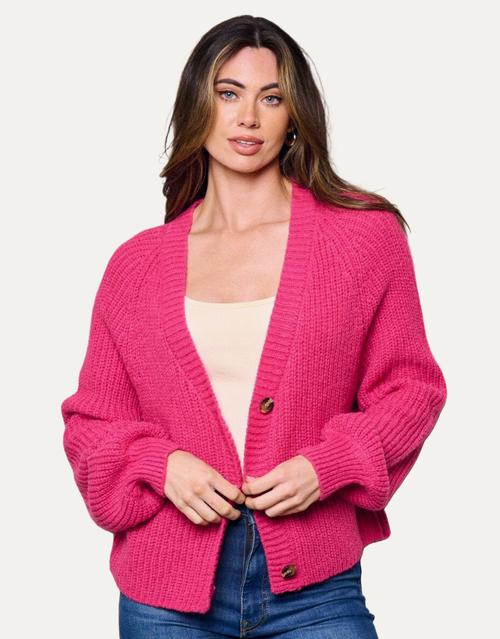 Hyfve Double Zero Balloon Sleeve Cropped Chunky Knit Cardigan Sweater, Fuchsia