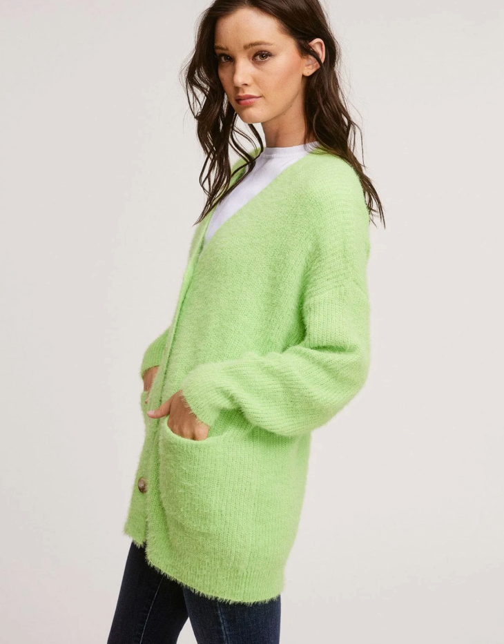 Fuzzy Long Sweater Cardigan, Lime Green