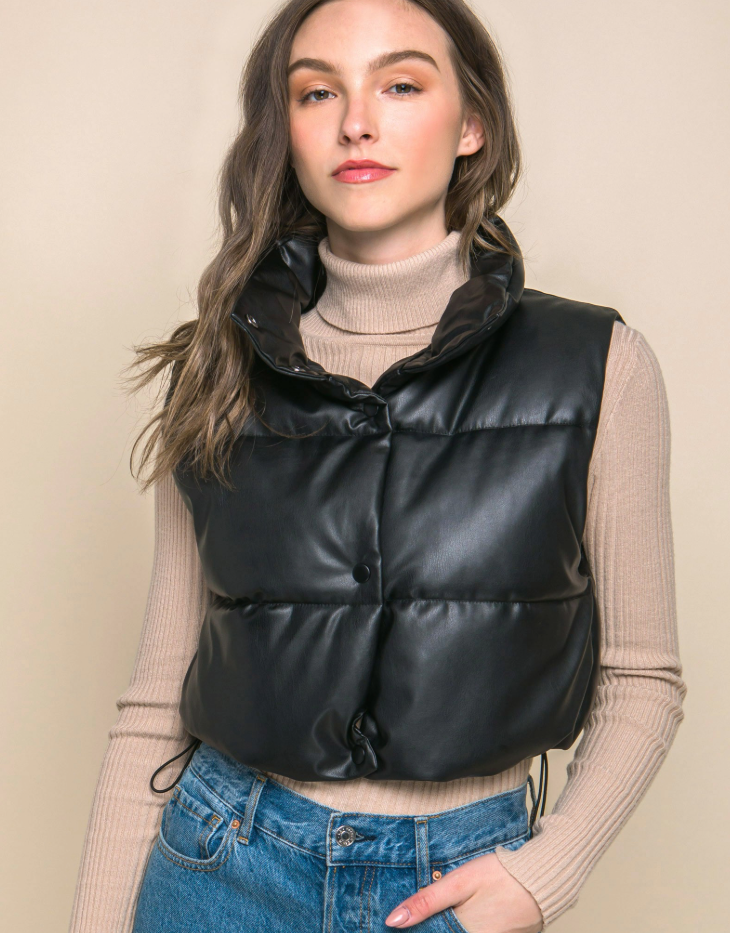 Love Tree Cropped Faux Leather Puffer Vest with Snap Buttons