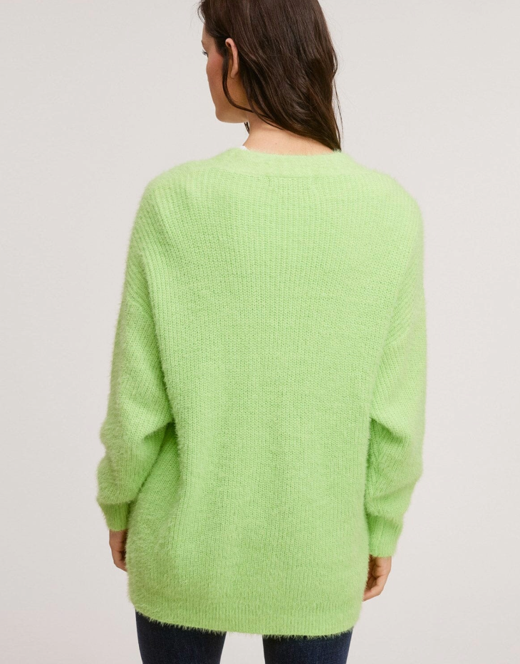 Fuzzy Long Sweater Cardigan, Lime Green