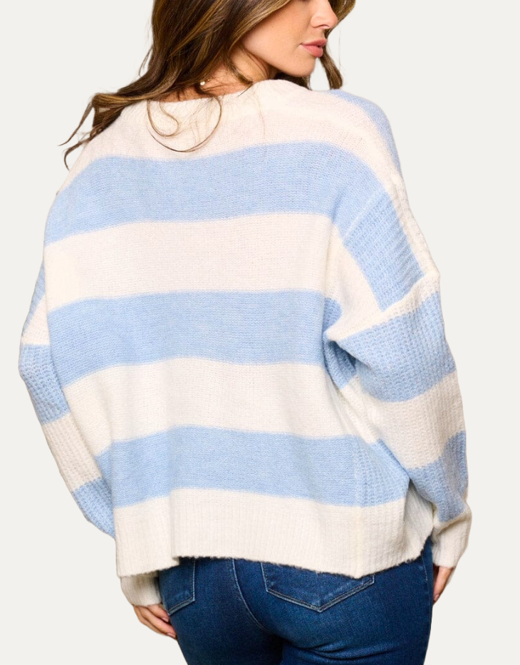 V-Neck Colorblock Stripe Sweater, Blue/White