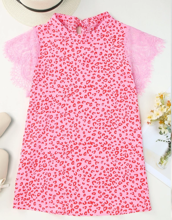 Leopard Print Mock Neck Lace Short Sleeve Blouse, Pink/Red