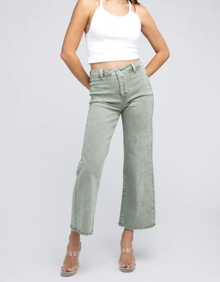 Zenana Acid Wash Colored Straight Wide Leg Jeans with Frayed Cutoff Hem