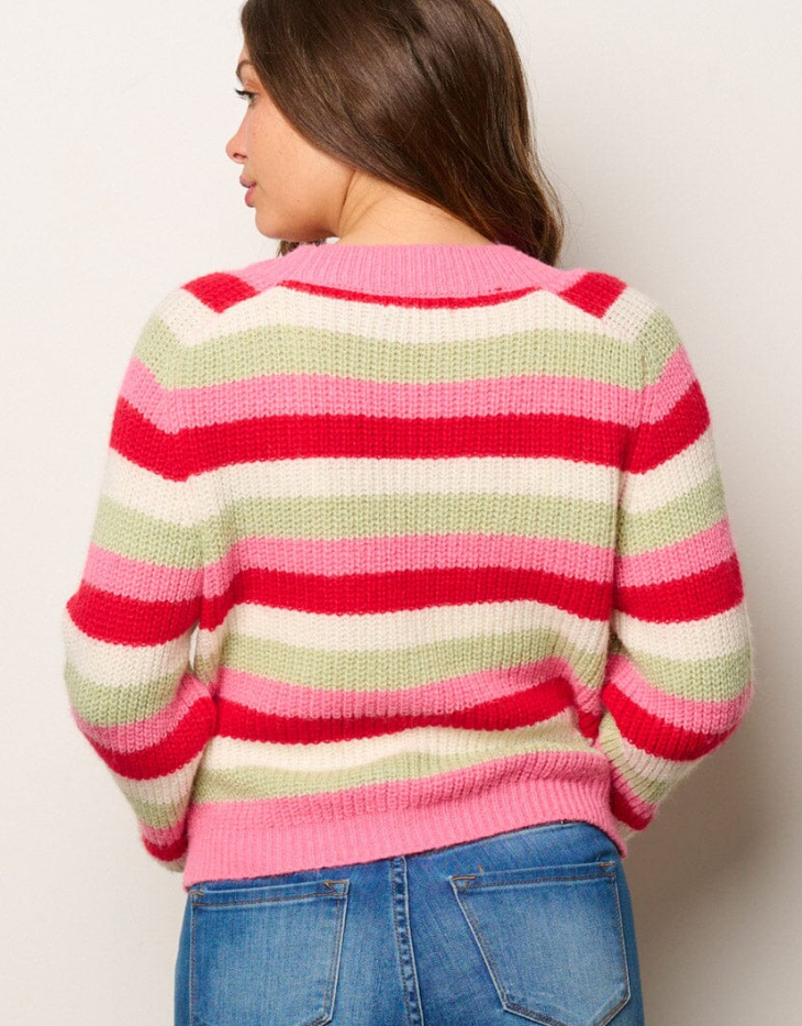 Long Sleeve Striped Button Up Cropped Sweater Cardigan, Pink/Red/Green