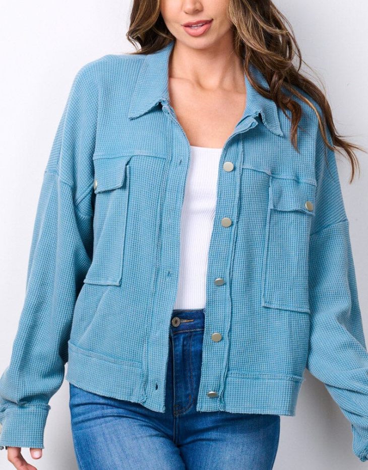 Long Sleeve Button Up Waffle Knit Cropped Shacket, Blue