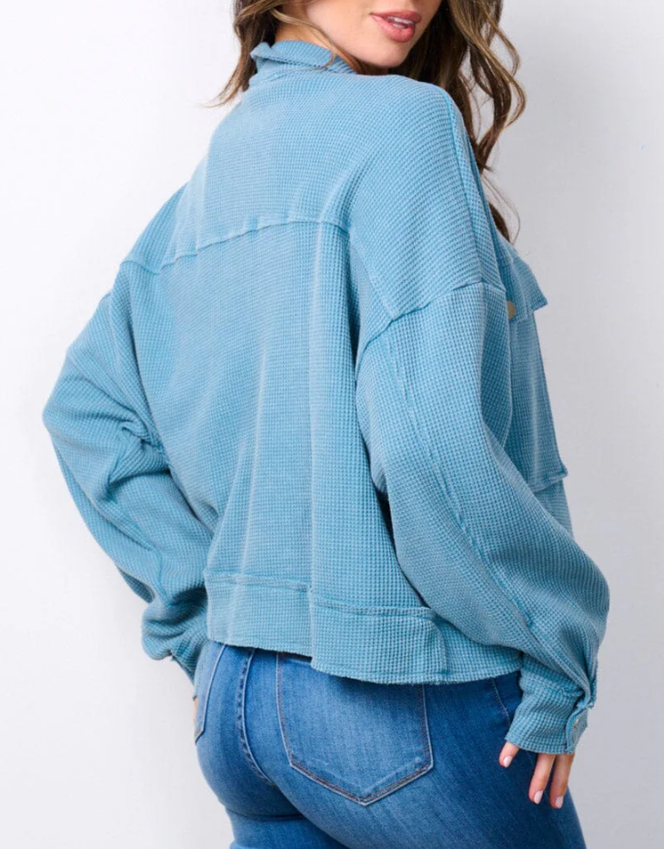 Long Sleeve Button Up Waffle Knit Cropped Shacket, Blue