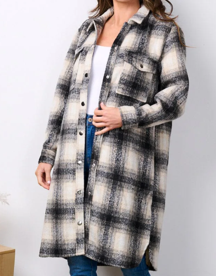 Long Sleeve Plaid Button-Up Long Coat with Pockets, Cream/Black/Tan