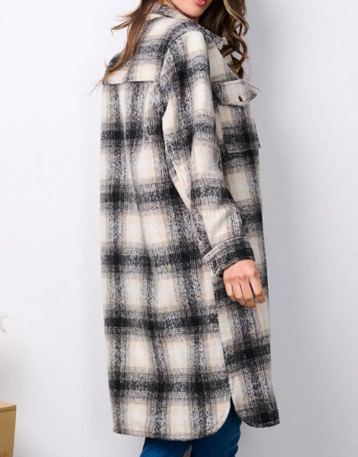 Long Sleeve Plaid Button-Up Long Coat with Pockets, Cream/Black/Tan