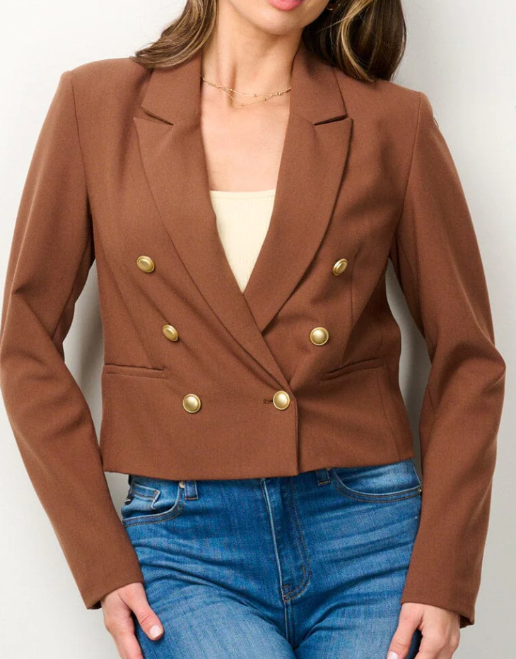 Do + Be Long Sleeve Cropped Double Breasted Blazer with Gold Buttons, Cocoa (Brown)