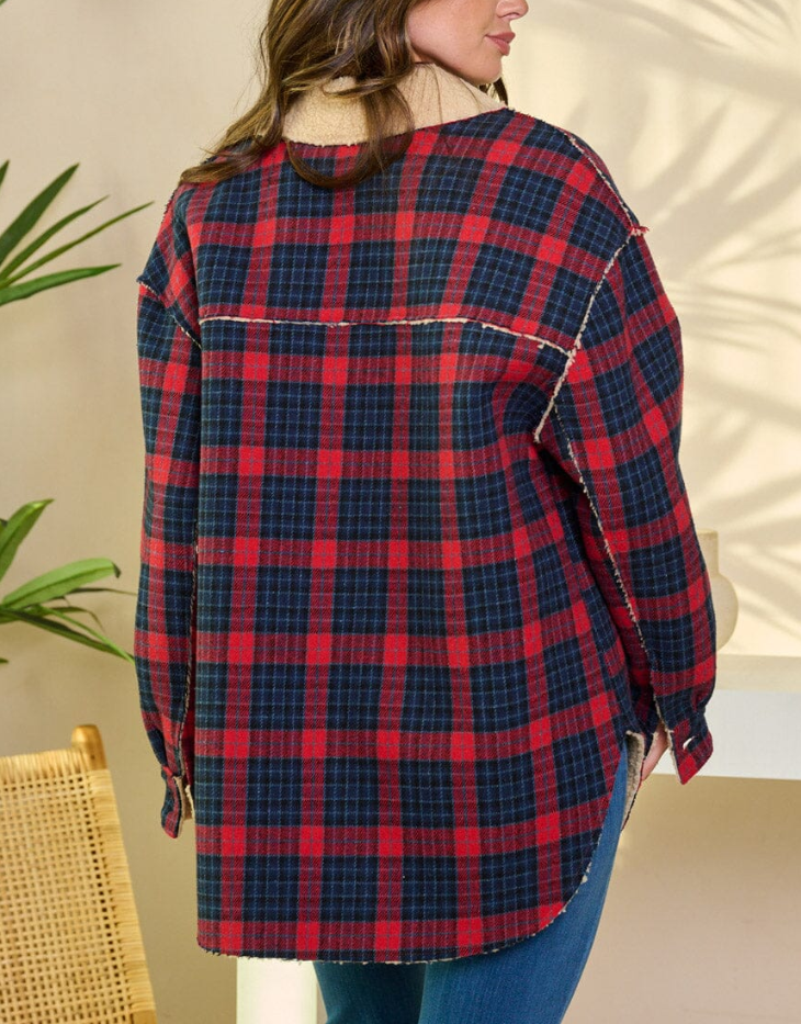 Long Sleeve Button Up Sherpa Plaid Jacket, Red/Blue/Tan