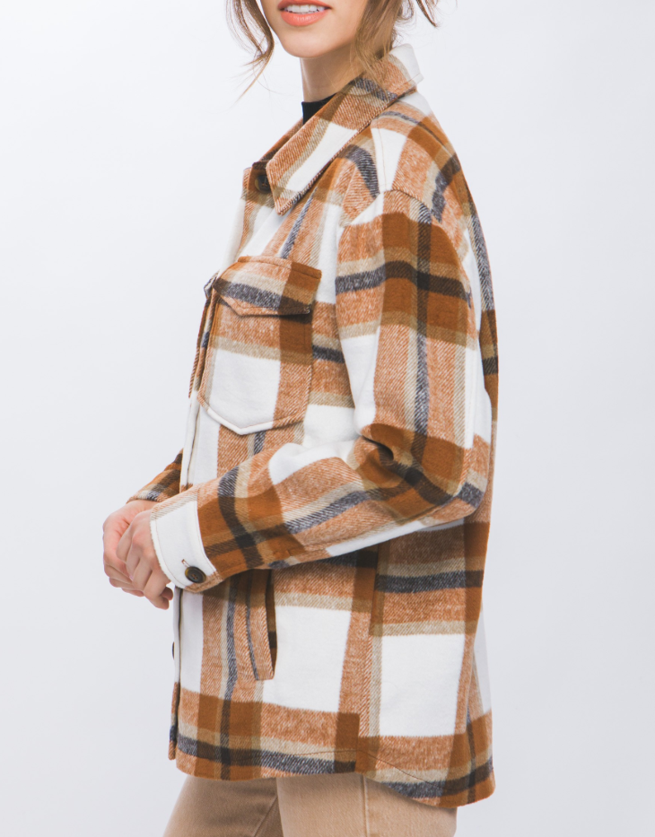 Love Tree Wool Blend Plaid Button Up Shacket, Rust