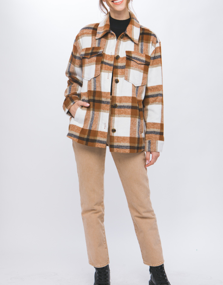 Love Tree Wool Blend Plaid Button Up Shacket, Rust