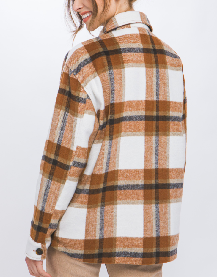 Love Tree Wool Blend Plaid Button Up Shacket, Rust