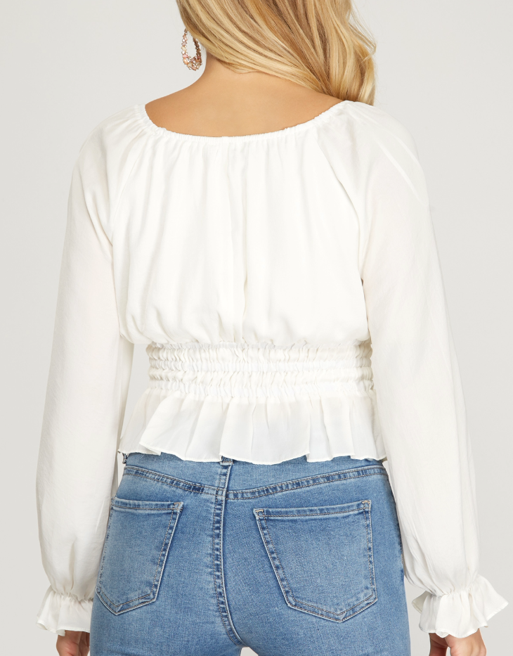 She + Sky Long Sleeve Woven Satin Top with Elastic Waist, Creamy White