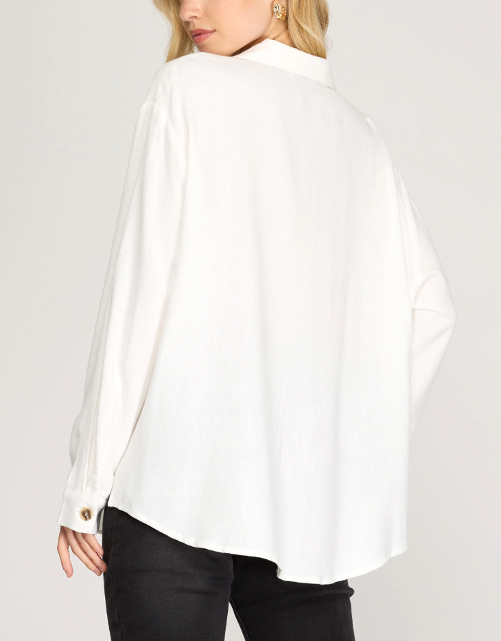 She + Sky Long Sleeve Button Down Woven Shirt, Off White