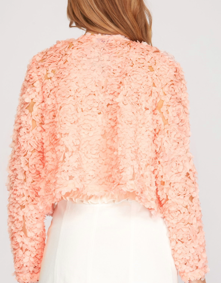 She + Sky Long Sleeve 3D Mesh Flower Appliqué Short Jacket Cardigan, Peachy Rose