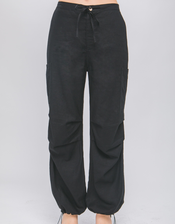 Love Tree Linen Full-Length Cargo Pants with Ankle Toggles, Black