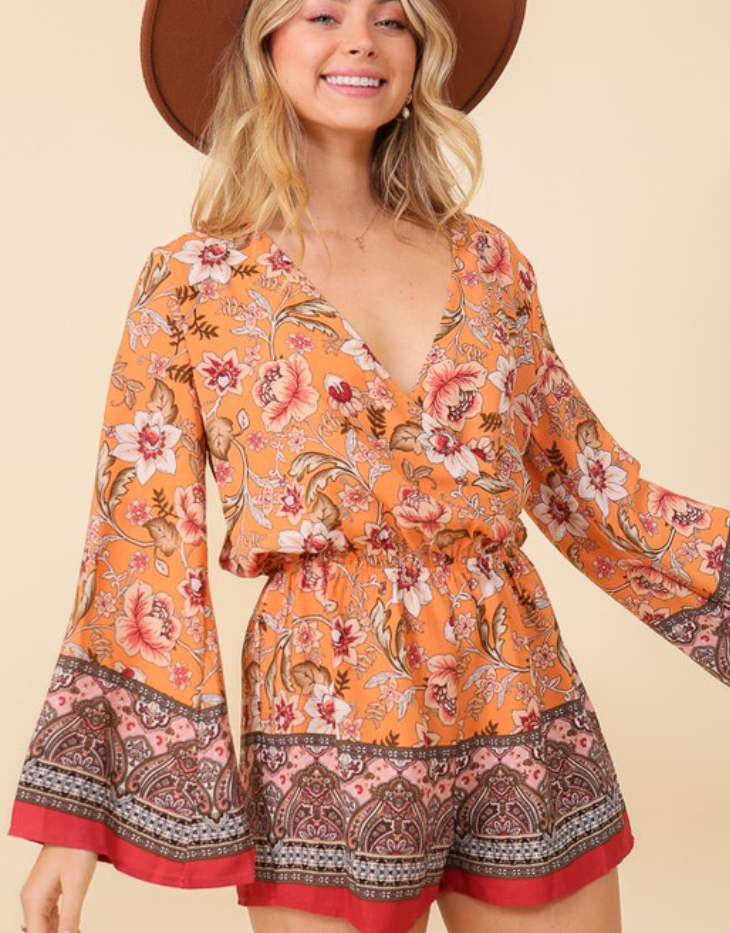 TIMING Boho Floral Print Long Sleeve Surplice Romper