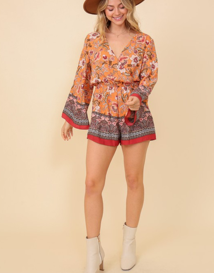 TIMING Boho Floral Print Long Sleeve Surplice Romper