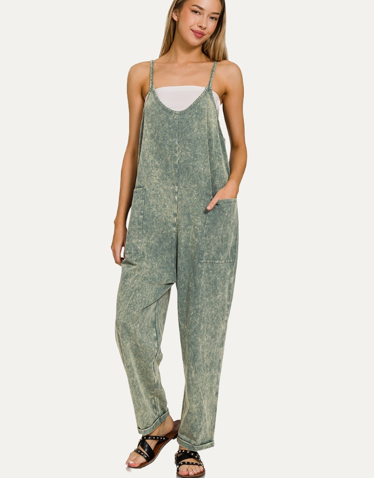 ZENANA Washed Spaghetti Straps Overalls Jumpsuit with Pockets