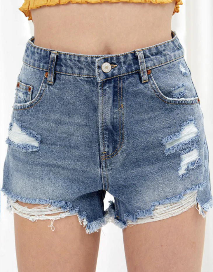 Love Tree "Mom Fit" High Waisted Denim Frayed Hem Shorts, Blue Denim