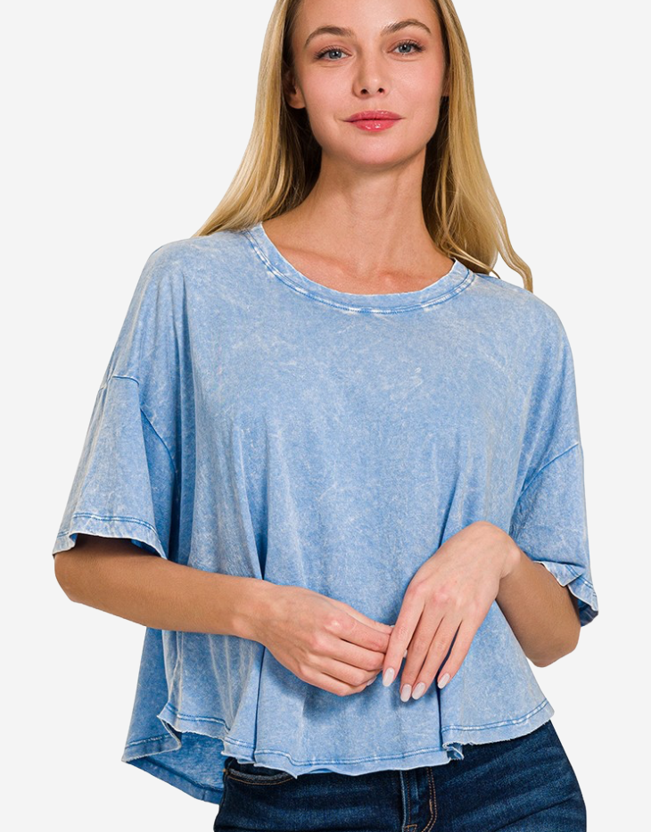 Zenana Crinkle Washed Cotton Round Neck Short Sleeve Tee with Back Patch, Deep Sky Blue