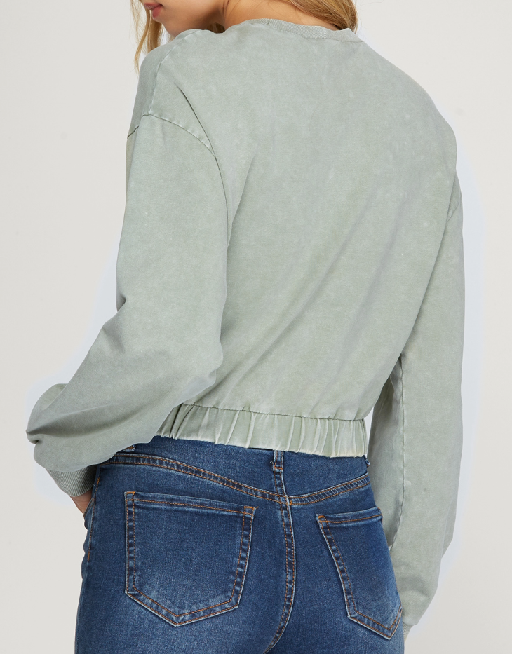 She + Sky Long Sleeve Lightweight Washed Sweatshirt with Elastic Waistband, Sage Green